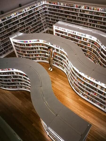 A student in a library inspects a book