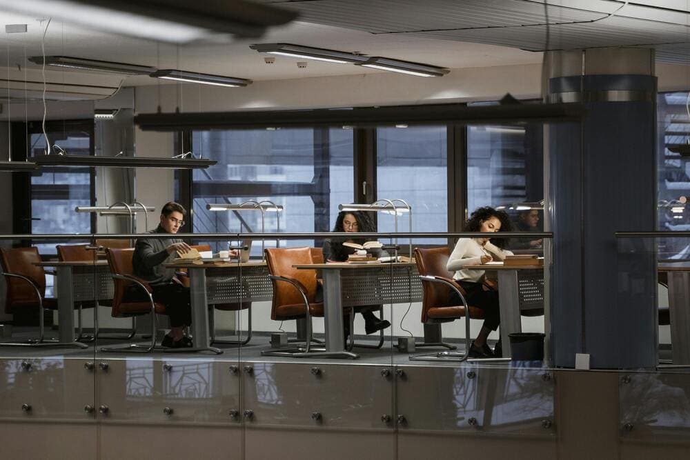Students reading and studying books in a library